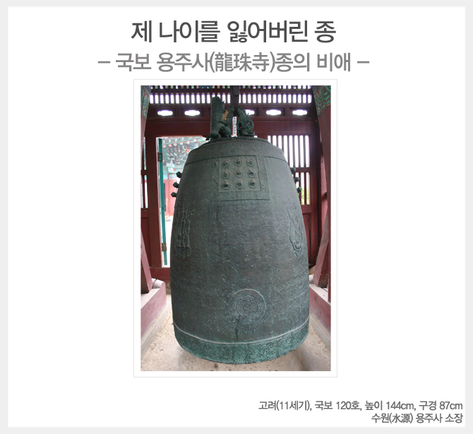 제 나이를 잃어버린 종<br>-국보 용주사종의 비애-<br>고려(11세기),국보 120호,높이 144cm,구경 87cm<br>수원 용주사 소장